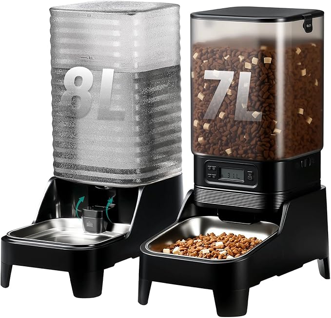 Marchul 7L Automatic Dog Feeder Large Breed and 8L Automatic Gravity Pet Water Dispenser with Patented Faucet, Stainless Steel Bowl, Adjustable Elevated Base, Battery Operated, Timed Cat Feeder