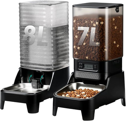 Marchul 7L Automatic Dog Feeder Large Breed and 8L Automatic Gravity Pet Water Dispenser with Patented Faucet, Stainless Steel Bowl, Adjustable Elevated Base, Battery Operated, Timed Cat Feeder