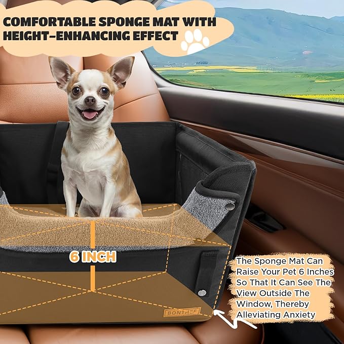 BONTHEE Elevated Dog Car Booster Seat for Dogs & Cats up to 35LB, 6-Inch Memory Foam Pet Booster Seat, Side Breathable Mesh,Portable Travel-Safe Bed for Cars,Elevated Car Seat for Small Medium Dogs