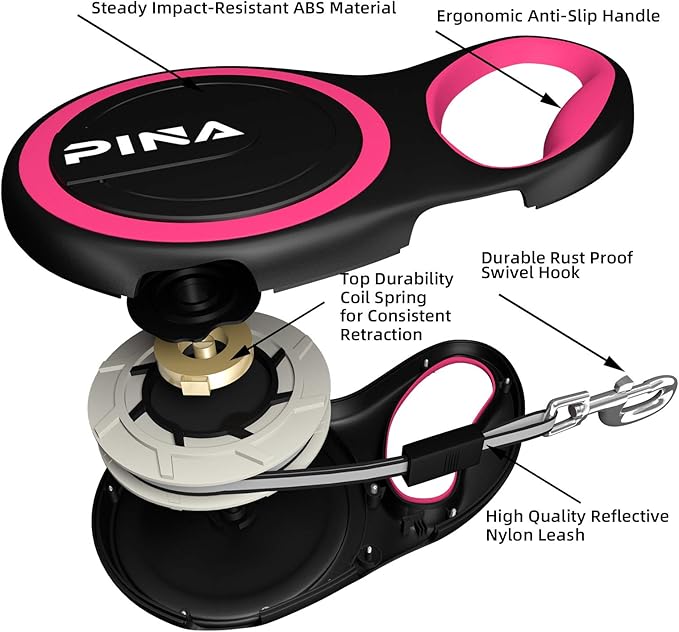 PINA Retractable Dog Leash, 16ft Dog Leash for Small Medium Dogs Up to 44lbs, 360° Tangle-Free Strong Reflective Nylon Tape, with Anti-Slip Handle, One-Handed Brake, Lock - Black Pink
