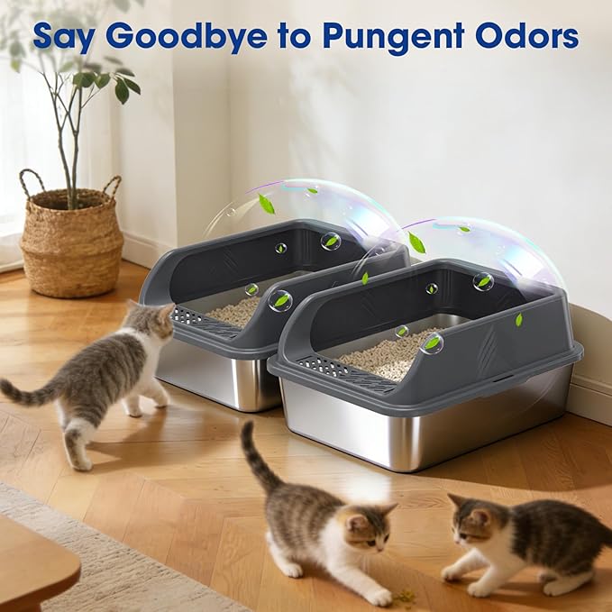 2 Pack Small Stainless Steel Litter Box with Lid for Kitten, Metal Cat Litter Boxes High Sided Enclosed for Injured Cats and Rabbit, Anti-Urine Leakage | Non-Stick Bottom & Includes Scoop