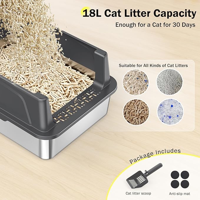 Stainless Steel Cat Litter Box with Lid, High-Sided Metal Litter Pan for Small Cats, Kitty Litter Box, Non-Stick & Odor-Resistant, Anti-Urine Leakage, Easy to Clean, Scoop Included