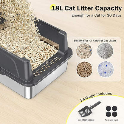 Stainless Steel Cat Litter Box with Lid, High-Sided Metal Litter Pan for Small Cats, Kitty Litter Box, Non-Stick & Odor-Resistant, Anti-Urine Leakage, Easy to Clean, Scoop Included