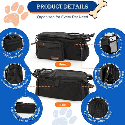 Dog Stroller Organizer Bag, Dog Mom Gifts for Women Pet Stroller Caddy, Stroller Accessories with Cup Holder, Poop Bag Dispenser, Pockets for Dog Essentials, Fits 14–19" Handles, Dog Mom Gift Ideas