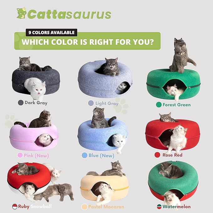 Cattasaurus Peekaboo Cat Cave Donut for Multiple & Large Cats up to 30-45 lbs, 3-in-1 Self Warming Cat Bed, Tunnel & Scratcher for Indoor Cats, Washable & Detachable Small Dog Bed (Brown, Jumbo)