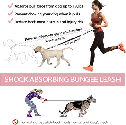 LANNEY Hands Free Dog Leash, Waist Running Leash with Zipper, Walking Pouch for Medium Large Dogs, Dual Handle and Retractable Bungee for Training Jogging Hiking(25-120 lbs, Pink)