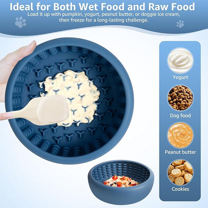 Dog Lick Bowl, ZOURYNUA Non-Slip Slow Feeder Dog Bowls, Enrichment Licking Mat for Distraction, Anxiety Relief Treat Dispenser Freezer, BPA Free Silicone & Dishwasher Safe (Dark Blue, Large)