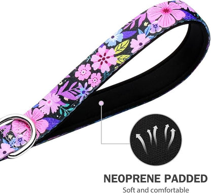 Hikiko Cute Girl Double Handle Dog Leash 6 Foot Padded Traffic Handles for Walking Training (Pinkish-Purple Floral, 6ft)