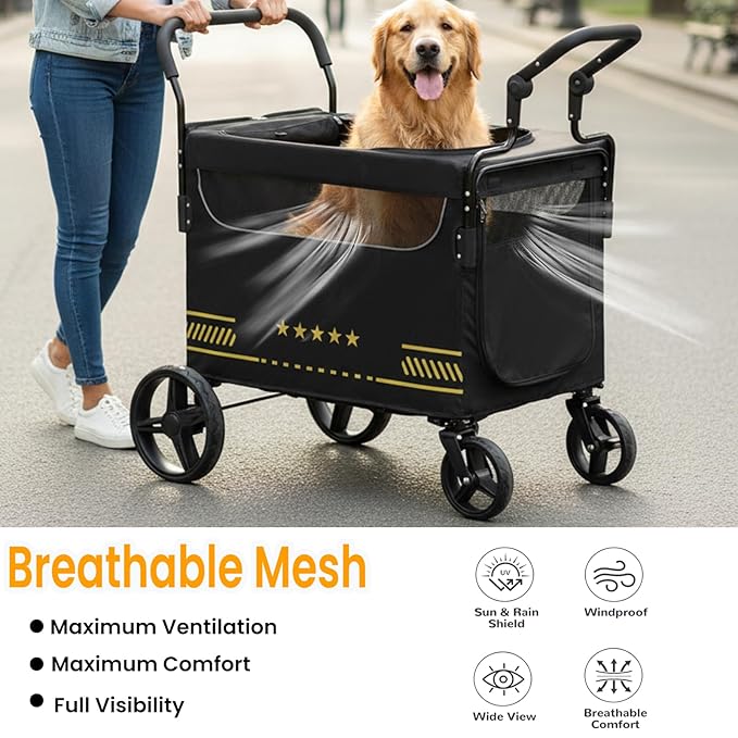 Extra Large Pet Stroller with Ramp, Dog Stroller for Large & Medium Dogs up to 180lbs, Foldable Dog Wagon with Dual Handle & Brake, Portable Puppy Travel Strollers for Cats & Dogs
