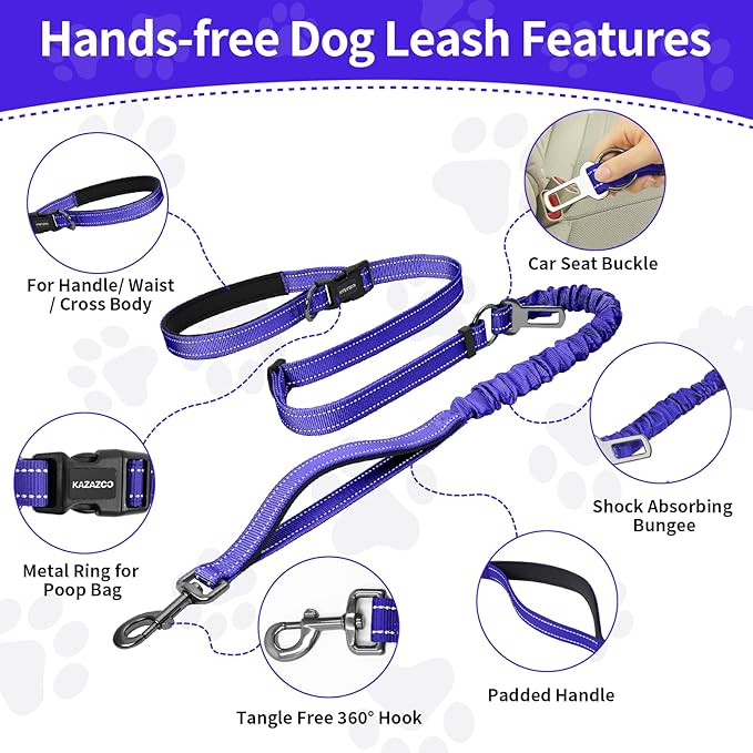 Kazazoo Hands-Free Dog Leash with 5.5-8.5FT Adjustable Length - Heavy Duty No Pull Bungee Design, Reflective Safety for Walking, Jogging & Training | Suitable for Medium to Large Dogs,M Size