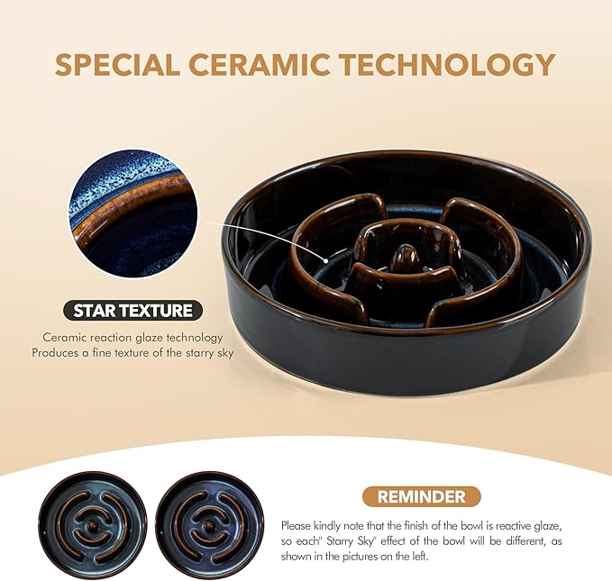 Ceramic 1.2 Cup Raised Slow Feeder Dog Bowl Set, Elevated Acacia Wood Stand for Medium and Small Dog, 7.3inch Slow Dish, Stop Bloat(Single Bowl+ Stand, Starry Sky)