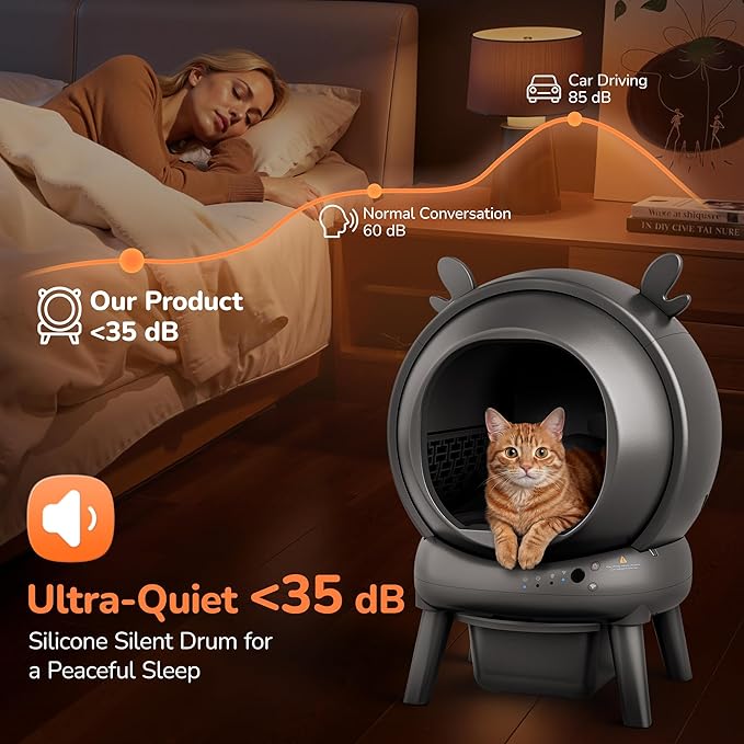 Automatic Self Cleaning Litter Box, Cat Litter Box with APP Control, 65L Globe & Dual Safety Sensors, Robot Litter Box, 1 Roll Garbage Bags and Litter Mat, <35DB, for Multiple Cats, Grey