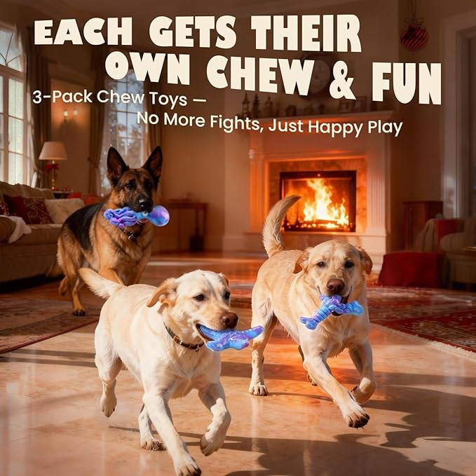 Dog Toys for Aggressive Chewers: 3 Pack Indestructible Dog Toys for Large Dogs, Bacon Flavored Dog Chew Toy, Durable Nylon Chew Toys for Dogs, Reduce Boredom, Teeth Cleaning, Keep Them Busy