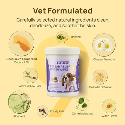 HICC PET Ear Cleaner Wipes for Dogs & Cats, Vet-Recommended Dog Ear Infection Treatment to Relief Itching & Inflammation, Remove Wax, Dirt & Stop Smelly, Cleaning Deodorizing Wipes 100ct(Unscented)