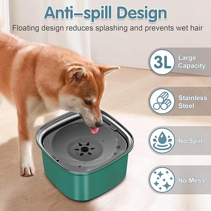 UPSKY 3L Dog Water Bowl 101oz Stainless Steel No Spill Large Capacity Dog Food Water Bowl Slow Water Feeder, Spill Proof Pet Water Dispenser Vehicle Carried Travel Water Bowls