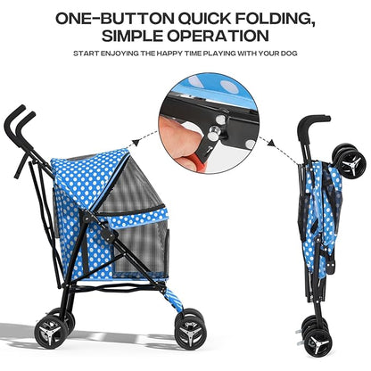 Dog Stroller for Small Dogs 10 lbs -22lbs Puppy Stroller Medium Dog Wagon Small Pet Stroller for Cats, Cat Strollers for 2 Cats, Rear Storage, Blue Polka Dots
