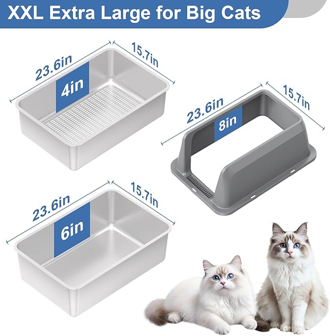 Stainless Steel Sifting Litter Box with Lid, High Sides XXL Extra Large Sifting Cat Litter Box for Pine Pellets & Big Cats, Sifter Litter Pan System for Odor Control,Sifting Box Liners & Scoop