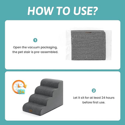 Wide Dog Stairs for Small Dog 19.7" H, Pet Step for Puppy, Older Cat, Curved Ramp for Bed, Durable Anti-Slip Ladder with High Density Foam, 4 Step, 17.7x28x19.7 inch, Dark Grey