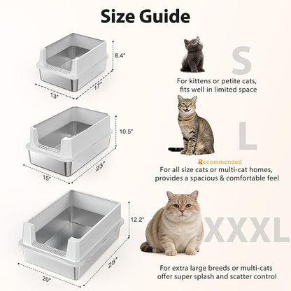 FURTIME XXXL Extra Large Stainless Steel Litter Box with Lid, Large Cat Litter Box for Big Cat, Large Metal Cat Box with High Sided, Non-Stick, Easy Cleaning, Includes Scoop and Mat