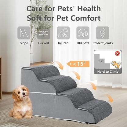 4 Steps Dog Stairs for Sofas, Chairs, Stairs, or Windowsills, 16.9" Tall Pet Steps for Small to Medium Dogs & Cats, Waterproof with Removable Cover & PE Support Board