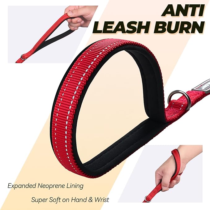 VIVAGLORY Dog Leash Twingrip Double Handle Dog Leash with Traffic Handle Control & 2 Loop for Walking & Training, Reflective Heavy Duty for Puppy Pet Collar, 5ft x 1/2in, Red
