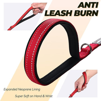 VIVAGLORY Dog Leash Twingrip Double Handle Dog Leash with Traffic Handle Control & 2 Loop for Walking & Training, Reflective Heavy Duty for Puppy Pet Collar, 5ft x 1/2in, Red