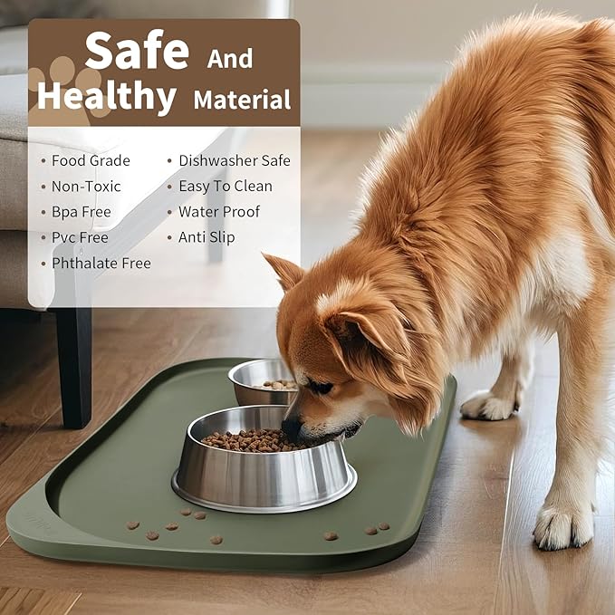 Silicone Pet Food Mat with Raised Edge for Food and Water Bowl, Dog Feeding Mats, Cat Food Trays for Floor Waterproof, Rubber Tray for Dogs and Cats, 24 x 16 x 0.8 Light Olive Green