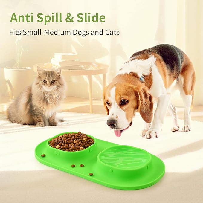 Small Size Puppy Dog Bowls: Food and Water Bowls Set for Small Dogs, No-Spill Non-Skid Dog Dish, Green