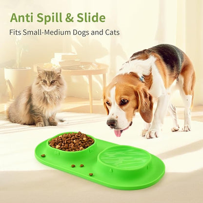 Small Size Puppy Dog Bowls: Food and Water Bowls Set for Small Dogs, No-Spill Non-Skid Dog Dish, Green