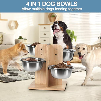 handrong Elevated Dog Bowls,4 Heights Raised Dog Bowl,4 Dogs Bowls Elevated,Wood Dogs Food Bowl,4 Sided Pet Feeding Station for Small,Medium Large Sized Pet-47.3oz