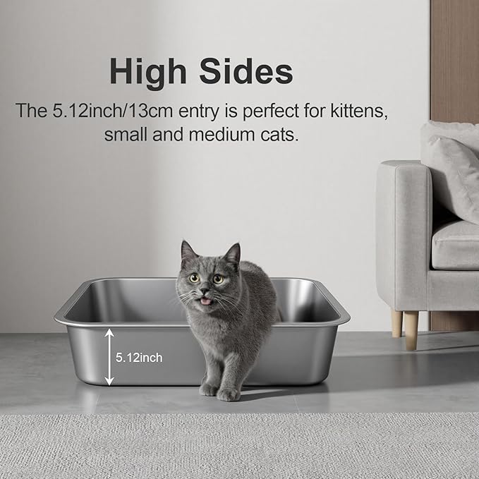 Stainless Steel Litter Box with High Sided, Metal Cat Litter Box, Odor-Free, Non-Stick Litterbox Pan, Easy to Clean Pet Supplies Toilet Tray for Indoor Cats, Kittens or Multicat Homes