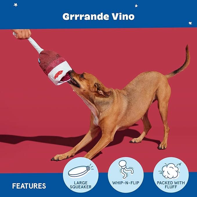 Barkbox Grrrrande Vino Dog Toy | Plush Squeaky Wine Toy with Fluff & Whip-N-Flip Stem | Dog Toys Dogs & Puppy Essentials