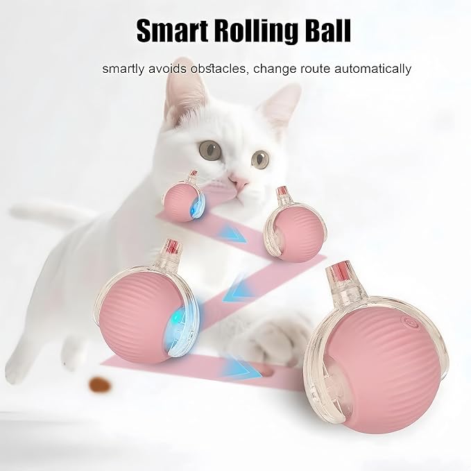 Interactive Dog Cat Toy Ball, Upgraded Rechargable Rolling Pet Ball with 2 Tails, Smart Automatic Moving Toy for Bored Indoor Kitty Puppy -Pink