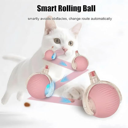 Interactive Dog Cat Toy Ball, Upgraded Rechargable Rolling Pet Ball with 2 Tails, Smart Automatic Moving Toy for Bored Indoor Kitty Puppy -Pink