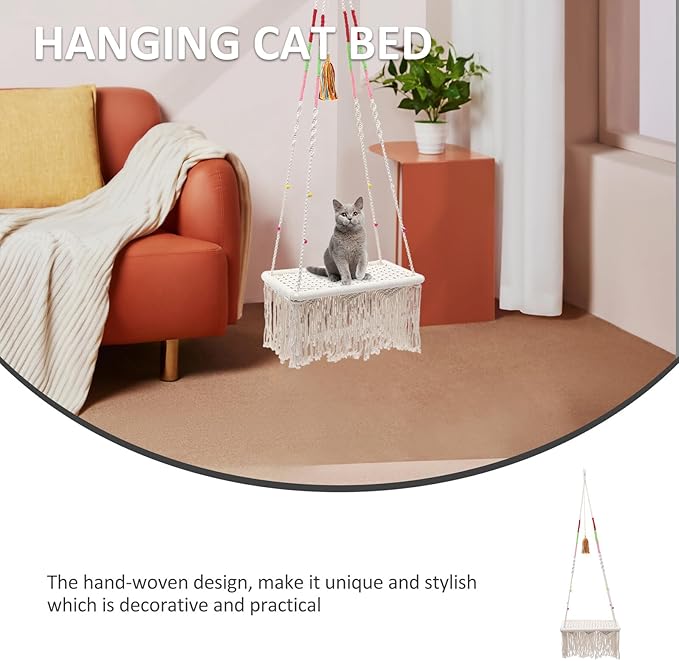 YARNOW Hanging Cat Bed Macrame Cat Hammock Cotton Rope Nest Indoor Swing Bed for Kittens Comfortable Pet Accessory Suitable for Indoor Use