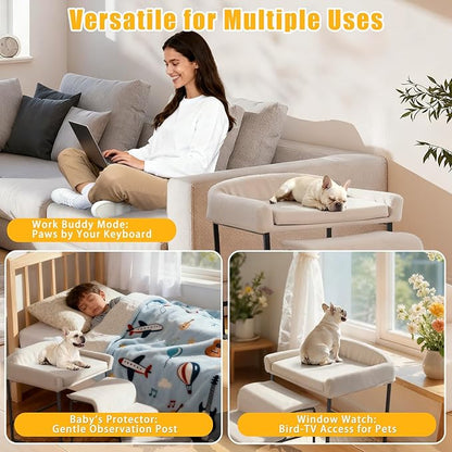 Dog Window Perch with Removable Stairs, Cat Window Seat with Cushioned Platform, Non-Slip Bedside Foam Pet Bed for Cats and Dogs, Beige
