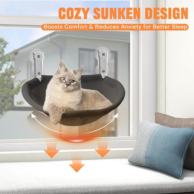 Homegroove Cat Window Perch, 18 x 12 Inch Foldable Cat Hammock for Window with Sturdy Metal Frame, Breathable Cordless Window Bed for Resting Seat for Indoor Cats (Black, 18 x 12 Inch)