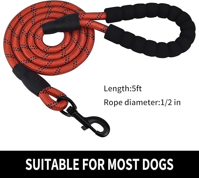 5/6 FT Strong Pet Dog Leash with Soft Padded Handle,Highly Reflective Rope for Night Walking,360-Degree Rotating Metal Buckle Without Tangles,Suitable for Small,Medium and Large Dogs.(5ft)