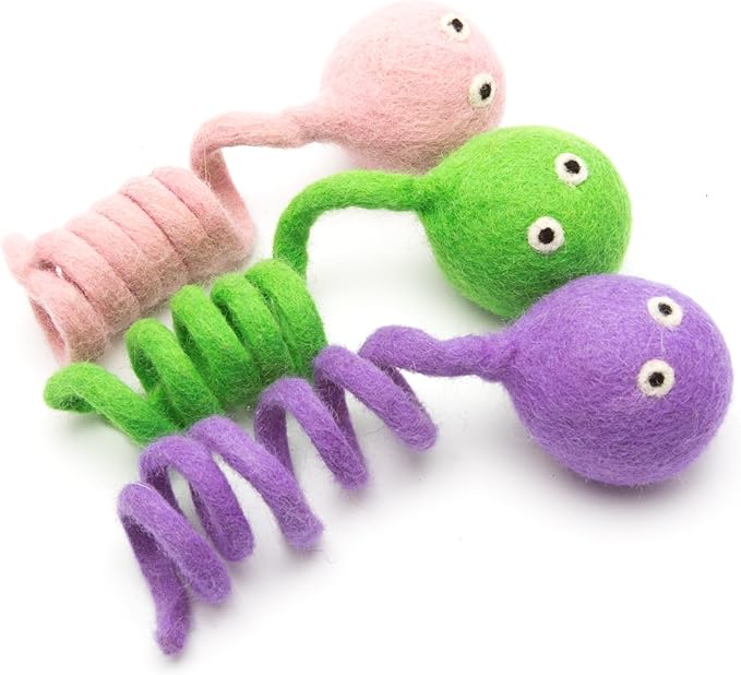 Glaciart One Felt Spring Cat Toy – 3 Pcs Soft Fuzzy Enrichment 100% Natural Wool - Interactive Stretchable Play Set - Safe for Pets, Non-AZO Colored Dyes - 4” Long
