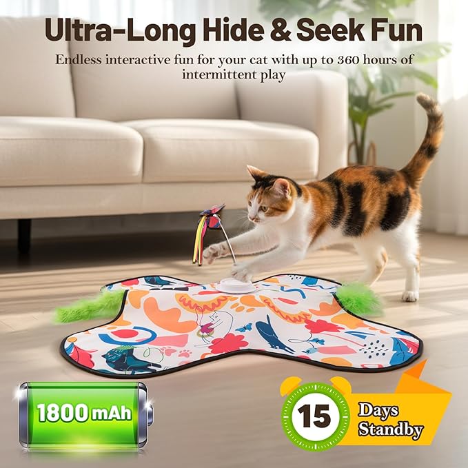 Interactive Cat Toys, Automatic Hide and Seek Cat Toys for Indoor Cats with 4 Lifelike Sounds, Touch Activated, Motorized Wand Feather, and Moving Butterfly for Bored Adult Kitten Cats