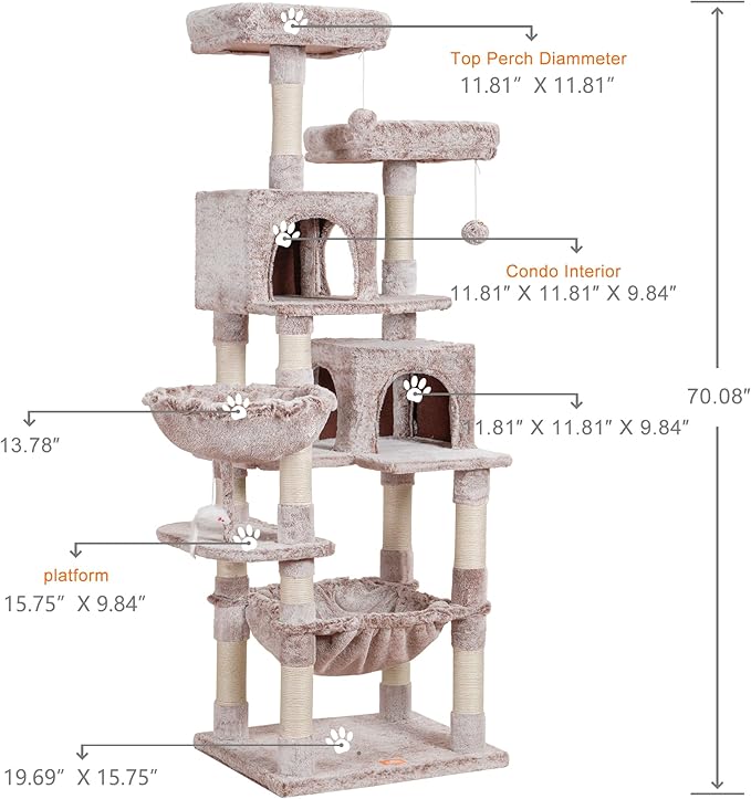 Heybly Cat Tree, 70 inches Tall Cat Tower Condo with Toy for Indoor Large Cats, Cat House Furniture with Padded Plush Perch, Cozy Hammock and Sisal Scratching Posts, Muchroom HCT032MU