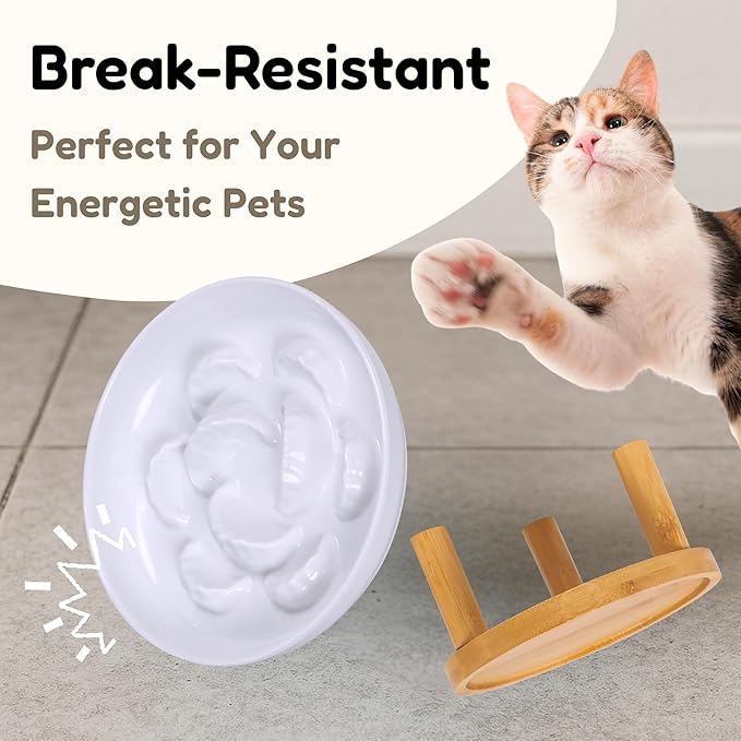 Slow Feeder Bowl, 6.3″ Elevated Cat Bowl with Stand, Melamine Wide Shallow Food Bowl, Whisker-Friendly Raised Plate, Wet Food Feeder for Slow Eating (White)