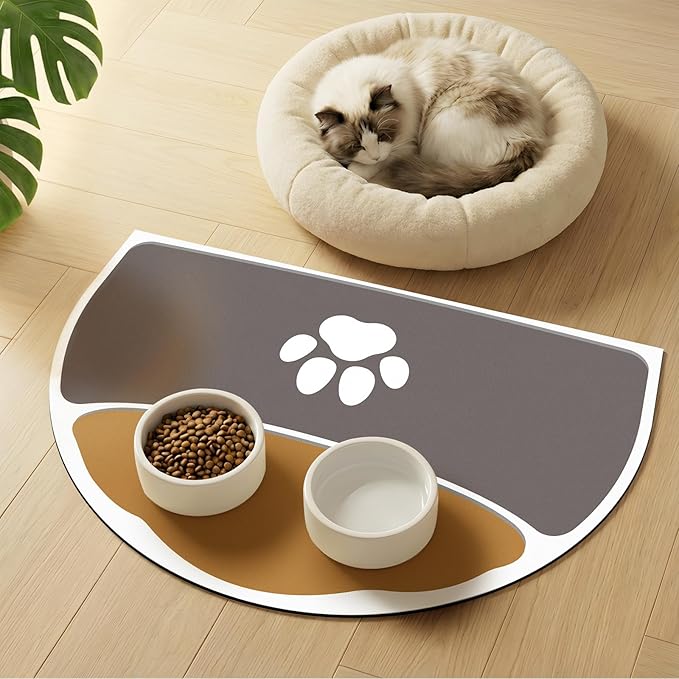 Pet Feeding Mat Half Round - 24''x16'' Absorbent Dog Food Mat for Floors Waterproof, Non Stains Pet Placemats for Small-Medium Dogs, Fit with Dual Bowls Design, Gray & Brown