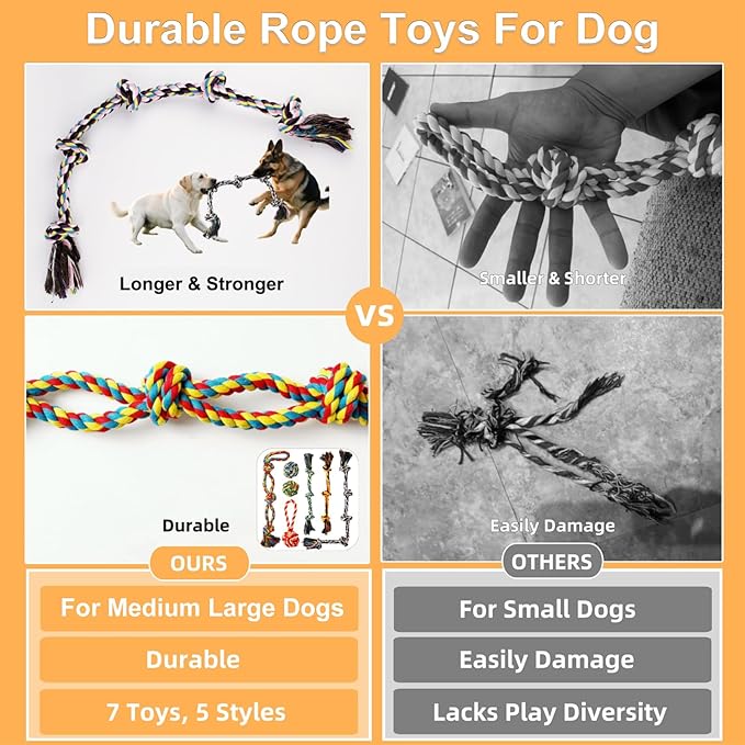Large Dog Rope Toy for Aggressive Chewers, 7 Pack Rope Toy for Dogs Large Medium Breed Tug of War Indestructible Tough Cotton Pet Chew Toys for Training Teething Tug Toys Puppy Essentials