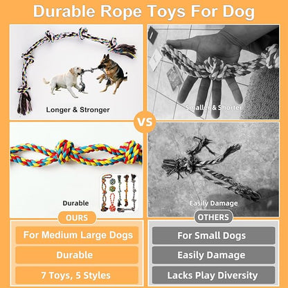 Large Dog Rope Toy for Aggressive Chewers, 7 Pack Rope Toy for Dogs Large Medium Breed Tug of War Indestructible Tough Cotton Pet Chew Toys for Training Teething Tug Toys Puppy Essentials