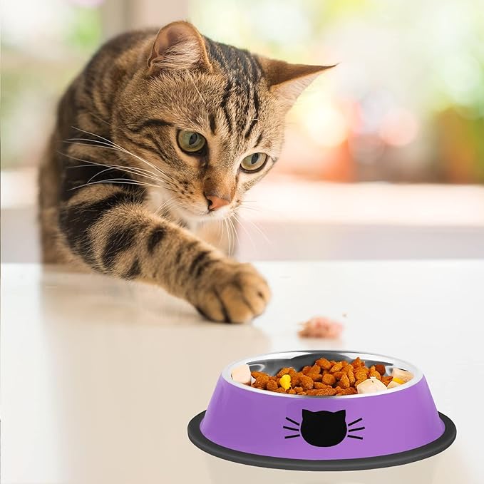 Serentive 2 Pcs Non-Slip Stainless Steel Small Cat Food Bowls - Unbreakable, 7 Oz, Suitable for Indoor Small Pets - Removable Rubber Base, Easy to Clean, Lovely Color