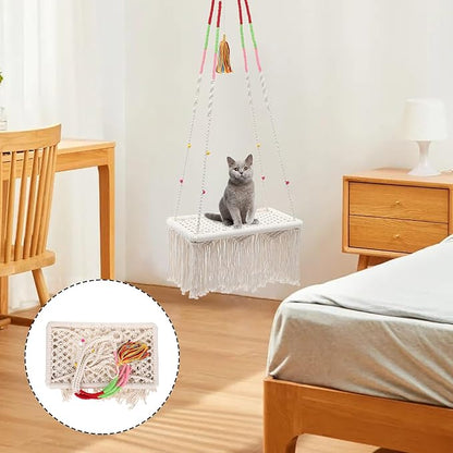 TEHAUX Hanging Cat Bed Macrame Cat Hammock Bohemian Style with Fringe Kitten Swing Bed