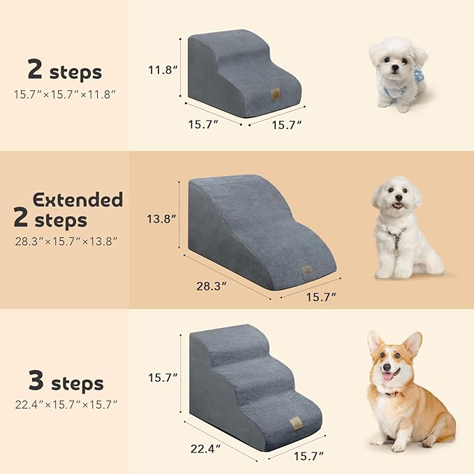 Mestuel Extended Dog Stairs Steps for Couch Sofa Bed, 2 Steps Dog Stairs Ramp for Small Old Joint Injury Dogs Cats Easy Access, Pet Stairs with High Density Foam& Nonslip Bottom, Gray