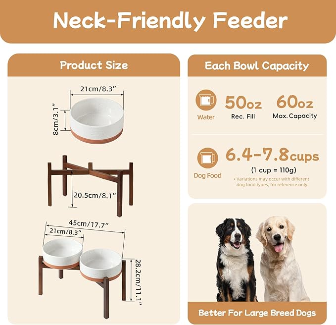 Ceramic 8.2inch Raised Double Dog Bowls Set with Acacia Wood Stand, Food & Water Bowls for Large Breed Dogs, Weighted Pet Dishes(60oz, Vanilla White)