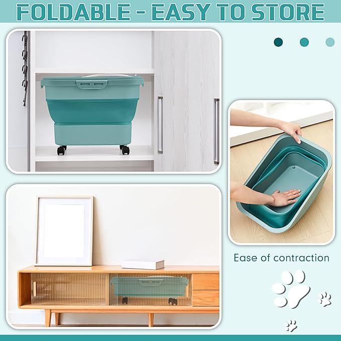 Juexica Collapsible Cat Litter Storage Bin Container with Rolling Casters, 20 Lbs Portable Cat Litter Storage Container with Airtight Lids, Shovel, Kitchen Cereal Rice Leakproof Sealable(Green)